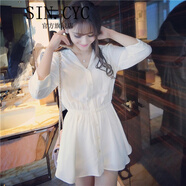 SIN.CYC白色雪紡連衣裙女夏季時(shí)尚沙灘裙仙女沙灘海邊度假七分袖襯衫 白色 送吊帶+內搭短褲 M