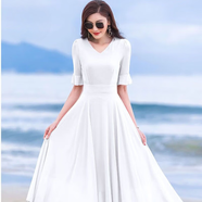 溥畔紅色裙子2024女夏新款小個(gè)子長(cháng)款大擺雪紡連衣裙超仙氣質(zhì)沙灘長(cháng)裙 【白色連衣裙%7E五分袖】 L 【建議100-110斤】