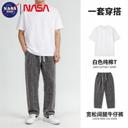 NASA BASE牛仔褲男春秋季男士2026年新款彈力潮款男褲寬松直筒休閑闊腿褲子 黑灰褲子+白色T恤（組合裝） S （建議80-95斤）