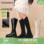 天美意吳宣儀同款高直筒顯瘦加絨女靴百搭女騎士靴新款 黑色 39