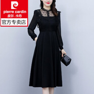 皮爾卡丹（pierre cardin）黑色蕾絲拼接金絲絨連衣裙女春秋冬季氣質(zhì)洋氣荷葉領(lǐng)長袖連身裙子 黑色 M