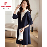 皮爾卡丹休閑假兩件衛衣撞色設計感連衣裙2024春季新款女連帽時(shí)髦連衣裙 藏青色 L 【建議105-118】