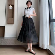 絲光半身裙女夏新款修身百褶垂墜飄逸韓版高腰松緊a字顯瘦中長(cháng)裙 黑色 均碼