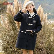 方糖姑娘學(xué)院風(fēng)毛呢外套加棉加厚高初中學(xué)生秋冬裝少女大童牛角扣呢子大衣 21516LX藏青色 L