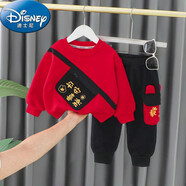 迪士尼（Disney）品牌男童套裝24帥氣加絨薄絨秋冬新款嬰兒童服裝抓周拜年服 紅色 90碼建議1-2歲【 80-90cm】