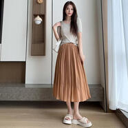 絲光半身裙女夏新款修身百褶垂墜飄逸韓版高腰松緊a字顯瘦中長(cháng)裙 咖啡 均碼