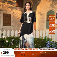 兩三事晚春敘景 2025夏新款印花裙擺拼接立體花朵連衣裙配領(lǐng)帶別針 黑色-y L