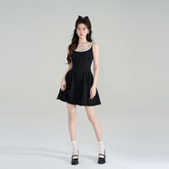 Palglg小香風(fēng)重工鑲鉆黑色吊帶連衣裙女夏季高級感收腰赫本風(fēng)a字小禮裙 黑色 連衣裙（短款） S