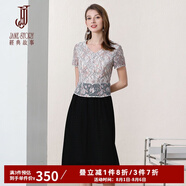 經(jīng)典故事（JANE STORY）經(jīng)典故事2025夏季新款V領(lǐng)拼按蕾絲裙修身通勤顯瘦短袖雪紡連衣裙 粉黑色A73 M