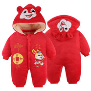 貝嬰愛(ài)（BEIYINGAI）嬰兒連體衣秋冬棉衣珊瑚絨寶寶哈衣外出服防風(fēng)加厚小孩衣服新生兒 喜慶兔（冬加厚帽可拆） 80CM(適合6-12個(gè)月)
