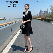 拓澀（TUOSE）連衣裙 夏季新品氣質(zhì)小清新歐根紗蝴蝶結領(lǐng)中長(cháng)款百褶雪紡連衣裙 黑色 XL