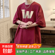 短袖休閑百搭男款T恤2026春夏季新款圓領印花體恤ins夏美式上衣 酒紅色 L