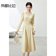 尚都比拉紅色方領(lǐng)連衣裙女春秋氣質(zhì)高級(jí)感內(nèi)搭打底裙子中長(zhǎng)款 杏黃色 S 