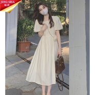 鏡莎夏季女生短袖連衣裙學(xué)生裙子夏天高中生大學(xué)女裝22新款復(fù)古寬松奶甜裙子溫柔夏泡泡袖藝術(shù)感森系初戀裙 白色 L