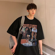 軒萊雅（XUANLAIYA）街頭嘻哈美式t恤男短袖2023新款潮流衣服寬松ins港風(fēng)半袖潮牌體恤 T125黑色 XL