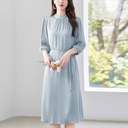 水墨佳人2024夏新款原創(chuàng)中式純色素雅真絲連衣裙女夏新款A(yù)字中長裙子 藍(lán)色 L-115-127