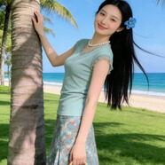 閱櫻（Yueying）短袖T恤碎花長(zhǎng)裙套裝女26夏新款波西米亞風(fēng)度假海島旅游甜妹穿搭 上衣+裙子兩件套 M