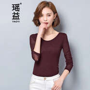 瑤益打底衫女裝春夏圓領(lǐng)長(zhǎng)袖上衣彈力網(wǎng)紗衣蕾絲通勤顯瘦百搭性感小衫 棗紅色 3XL