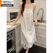 莫代爾吊帶睡裙女夏季梭織棉帶綿墊女士學生花邊杏色家居服睡衣裙子夏天 2212# 綁帶裙 無胸墊 粉花 XL 建議115-130斤