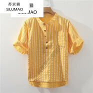 蘇京貓 日系條紋亞麻布立領(lǐng)套頭男襯衫領(lǐng)T恤帶領(lǐng)棉麻料短袖襯衣薄款夏季 黃色 XL
