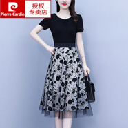 皮爾卡丹（pierre cardin）假兩件連衣裙女2023夏季新款感氣質(zhì)減齡洋氣遮肚網(wǎng)紗拼接裙子 黑色 2XL