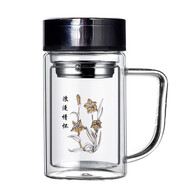 淵之源雙層玻璃杯過(guò)濾泡茶杯喝水杯子辦公商務(wù)車(chē)載廣告LOGO印字多規格 380ml帶柄雪花鋼蓋 花色隨機