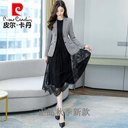皮爾卡丹（pierre cardin） 西裝連衣裙套裝女2026秋裝新款收腰減齡職業(yè)蕾絲裙子兩件裝針織 純色 XXL