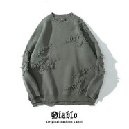 菲尼東爵（FNAADOOG）破洞毛衣男寬松潮流日系復(fù)古百搭休閑下擺開叉針織衫線衣外套外穿 杜噠 828綠色 M
