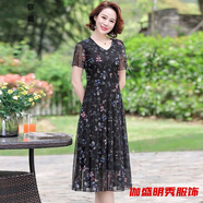 口旋中年媽媽連衣裙 顯瘦連衣裙女夏季寬松顯瘦彈力網(wǎng)紗夏季新款氣質(zhì) 黑色 L 建議100-115