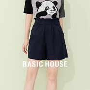 Basic House/百家好壓褶卷邊闊腿短褲子高腰顯瘦直筒褲夏季新款女 藏青色 L