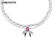 LNERATO露娜依蕾托神壇系列龍翼六芒星紅寶雙層珍珠項鏈高級鎖骨鏈 紫色
