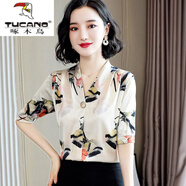 啄木鳥(niǎo)（TUCANO）輕奢高檔碎花短袖襯衫女夏季時(shí)尚洋氣貴夫人中年母親重磅真絲上衣 水墨花 M