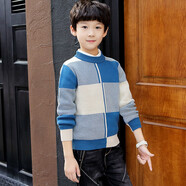 伴1號（BANYIHAO）男童毛衣套頭棉兒童男圓領(lǐng)童裝男孩毛線(xiàn)衣秋冬中大童加絨加厚保暖 格子款藍色不加絨 160 體重85斤以下 體重85斤以下