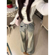 魯雅爾夏季新款復(fù)古闊腿牛仔褲女小個子窄版顯瘦胖mm設(shè)計感毛邊直筒褲子 黃泥色 M （建議90斤到110斤）