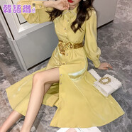 韓語(yǔ)琳連衣裙春季新款韓版女裝單排扣長(zhǎng)裙收腰長(zhǎng)袖氣質(zhì)裙子女 黃色 S-連衣裙