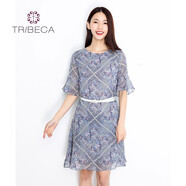 TRIBECA/翠貝卡新款時(shí)尚修身印花花瓣袖連衣裙 灰色 S