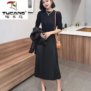 啄木鳥(niǎo)（TUCANO）打底連衣裙兩件裝女秋冬新款港風(fēng)pu皮衣百褶裙套裝輕奢感時(shí)尚裙子 黑色【百褶連衣裙】 M