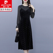 皮爾卡丹（pierre cardin）秋冬女裝法式波點(diǎn)金絲絨連衣裙名媛氣質(zhì)裙子假兩件套套裝打底裙子 黑色 L