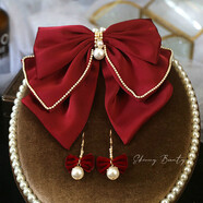 明夫人新款酒紅色緞面大蝴蝶結發(fā)夾復古新娘敬酒服頭飾高級感女網(wǎng)紅發(fā)飾 珍珠邊緞面蝴蝶結發(fā)夾+耳夾