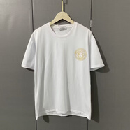 VERSACE JEANS范思哲t恤男瓦薩琪短袖男夏季新款男女圓領休閑寬松百搭情侶t恤 前后金色字母-白色t M 建議體重60-75斤