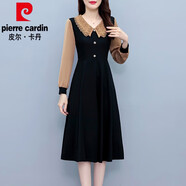 皮爾卡丹（pierre cardin）拼接假兩件收腰a字連衣裙2025新款女早秋季媽媽高端精致氣質(zhì)長(zhǎng)袖 黑色常規(guī)款《遮肚子顯瘦減齡裙子/高端精致時(shí)尚奢華大 L (建議100-114斤)