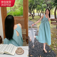 確彤法式露背褶皺無(wú)袖背心裙女長(cháng)裙夏季新款度假風(fēng)寬松顯瘦韓版連衣裙 綠色 均碼