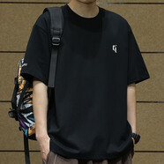 依郎酷重磅短袖t恤男夏季潮牌2025新款寬松刺繡圓領(lǐng)大碼男士體恤上衣服 黑色 3XL 【180-200斤】