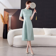 芭妃婭（BAFEIYA）新中式國風(fēng)禪意連衣裙職業(yè)工作服工裝旗袍中長(cháng)裙拼接百褶繡花高端 薄荷綠連衣裙 M