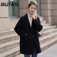 BUTAO女裝雙面羊毛大衣女小個(gè)子新款中長(zhǎng)韓版顯瘦寬松呢子外套 黑色 S 【建議100-120斤】