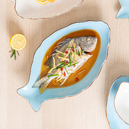 ezicok魚(yú)盤(pán)蒸魚(yú)盤(pán)菜盤(pán)陶瓷盤(pán)魚(yú)型盤(pán)子湯盤(pán)純色西餐盤(pán)早餐盤(pán)家用 小號魚(yú)盤(pán)-藍色 1個(gè) 28cm