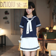 夏季日韓系海軍風(fēng)白色水手服JK女學(xué)生裝制服絲帶短袖校服cos套裝新 藏青上衣+白色裙子(含領(lǐng)帶) XL