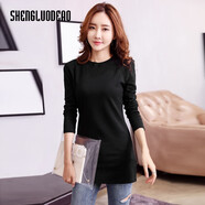 圣羅地奧長(cháng)款t恤女遮臀遮屁股秋冬季內搭中長(cháng)款包臀打底衫長(cháng)袖加絨加厚棉 黑色【不加絨】 3XL 建議125-135斤