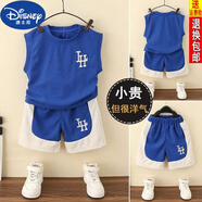 迪士尼（DISNEY）男童夏裝套裝2023新款洋氣兒童酷帥網(wǎng)紅無袖背心薄款夏季寶寶衣服 藍色刺繡套裝 110 建議30斤-35斤