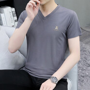 簡(jiǎn)艾倫刺繡V領(lǐng)短袖青年男短袖t恤男夏裝新款純色男裝潮流體恤半袖上衣服 603-灰色 M (115斤以下)